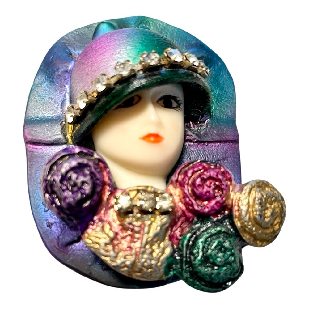 Artistic Pink & Purple Vintage Lady Head Brooch, Large Hat w/Flowers.